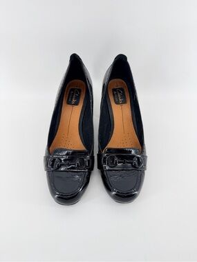 NWOT Clarks Artisan Patent Leather Horse Bit Heel Loafer Shoes Black Noir